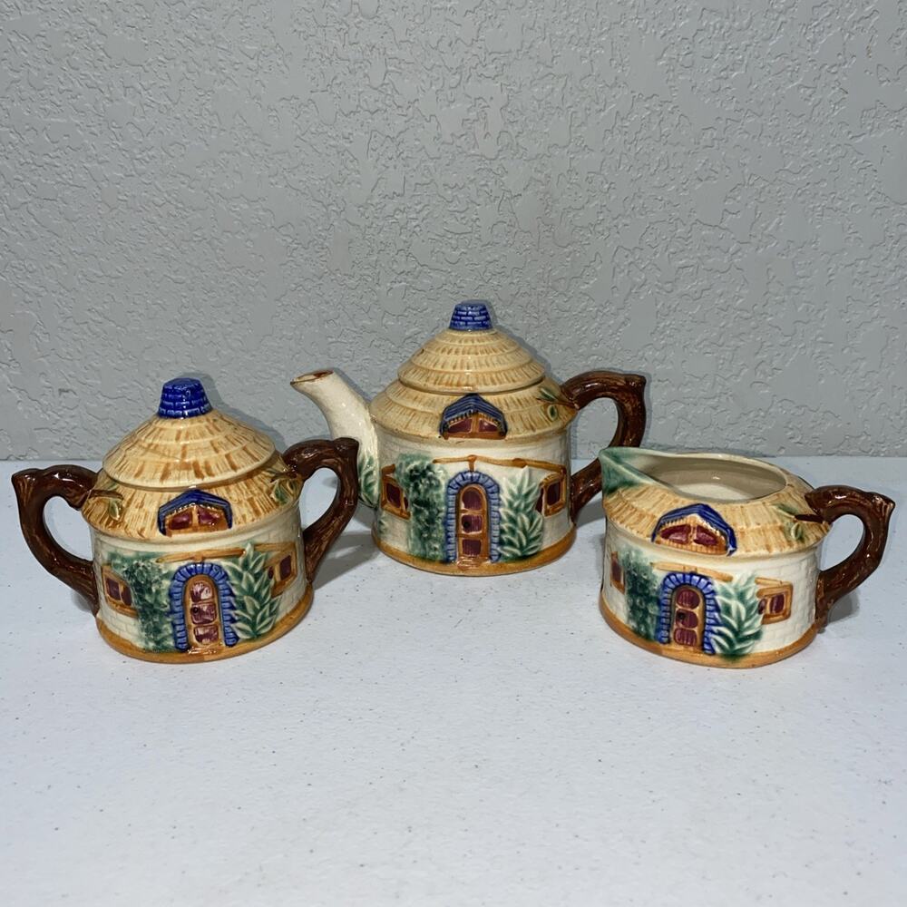 VTG Made In Occupied Japan Tea Set Teapot Sugar Creamer Cottage Hut 3 Piece